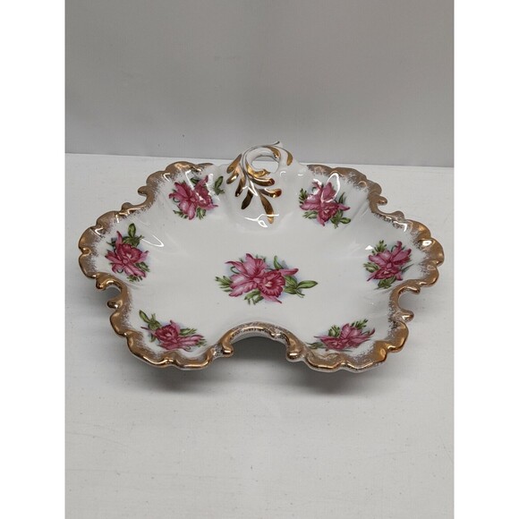 Vintage Rose Floral Vanity Candy Nut Trinket Dish Ruffled Gold Trim - Picture 1 of 8